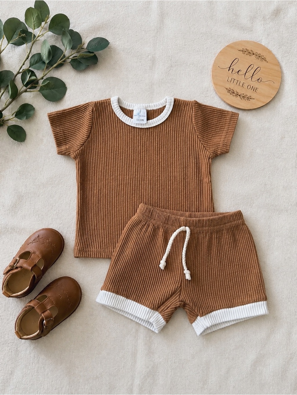 Little One Shop Ribbed Set 12-18M Brown Neutral Outfit Shirt Shorts Matching